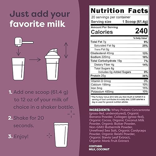 Miniatura 5 de FlavCity Proteína de suero en polvo alimentada con hierba, con proteína, colágeno y cafeína, leche de coco y chocolate orgánicos, sin gluten ni