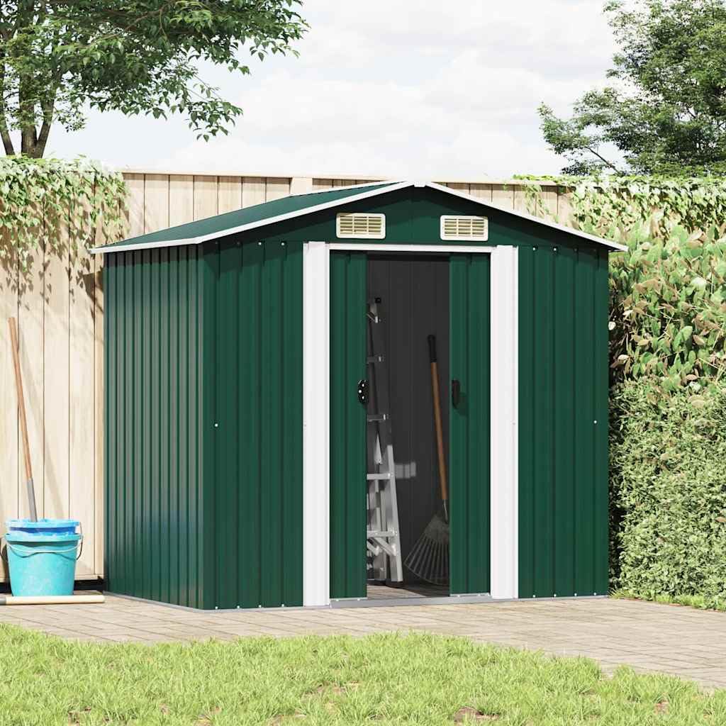 Aufbewahrungsschuppen aus Metall, 204 x 132 x 186 cm, für Garten, Aufbewahrungsschuppen mit 4 Belüftungsöffnungen, Doppelschiebetüren, Konstruktion aus verzinktem Stahl, robust