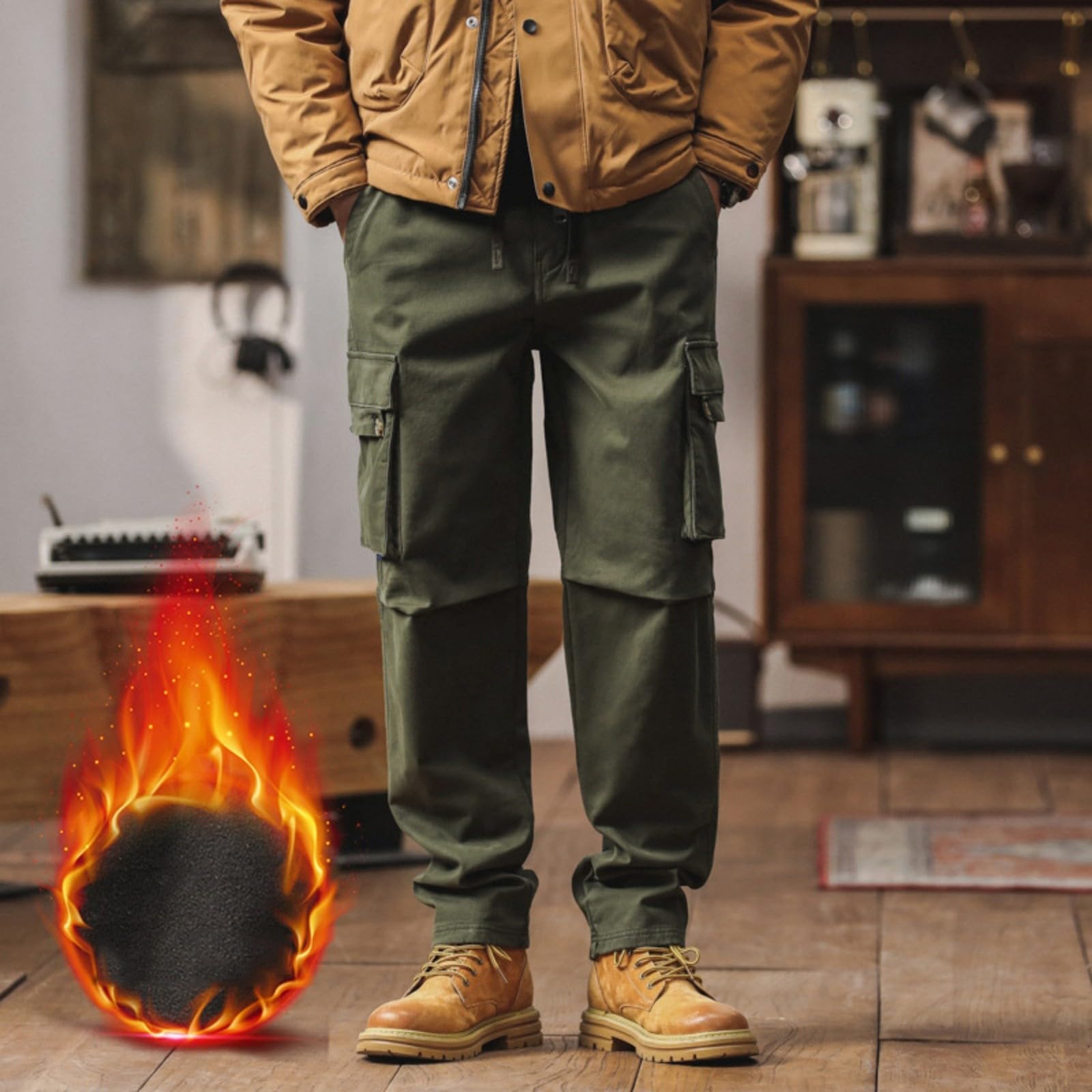 Dicke Herren-Arbeitshose Winter - Warm Fleece-Gefütterte Cargohose Mehrere Taschen Jogginghose Baggy Trainingshose Outdoor-Wanderhose Militär Taktische Arbeitshosen Gerades Bein Freizeithose