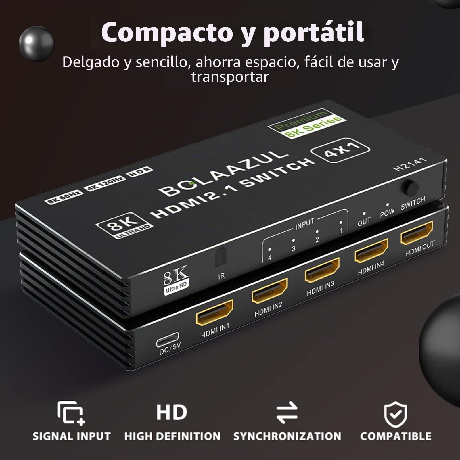 BolAAzuL Conmutador HDMI 2.1 8K 60Hz/4K 120Hz 4 en 1 Salida, Caja Selectora de 4 Puertos Con Control Remoto, HDR, 48Gbps, CEC, Dolby Vision, Para Xbox, Series