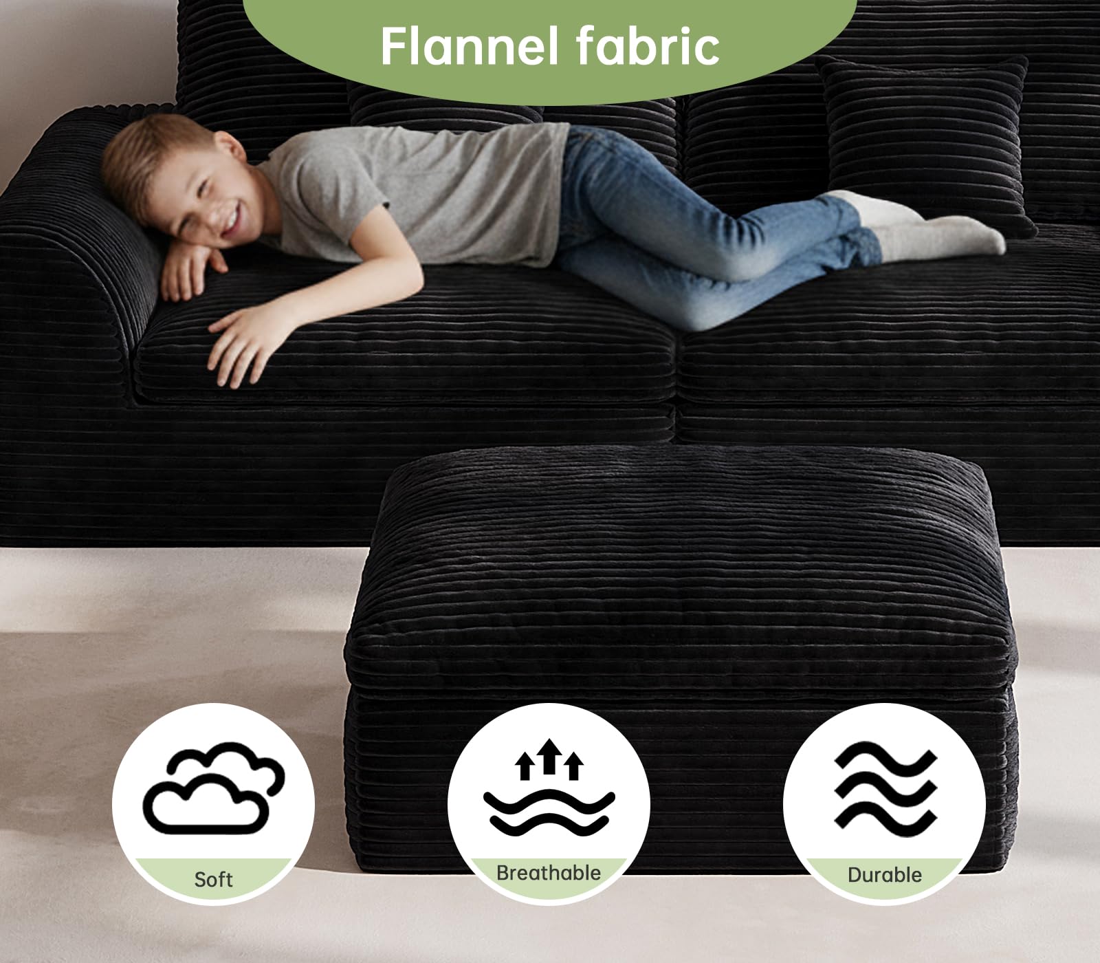Boneless Couch 91" Cloud Sofa 3-Seater Sectional Couches for Living Room, L-Shape Sofa with Ottoman, Comfy Flannel Fabric Oversized Loveseat Recliner Lounge Chaise with 2 Throw Pillow (Black)