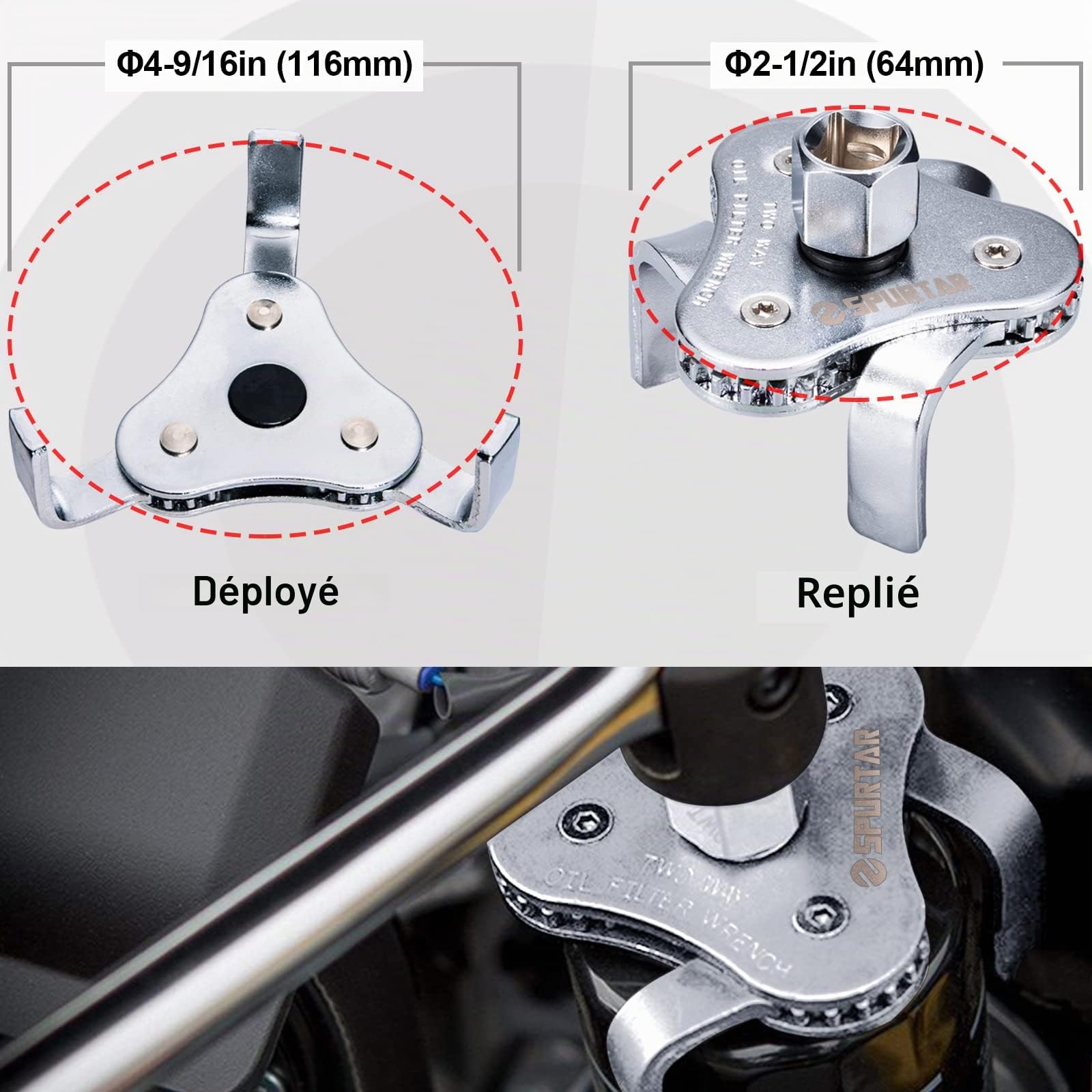 Spurtar Swivel Oil Filter Wrench Lot de 7 clés à molette réglables 70-133 mm 9" et 12" Pince à filtre à huile universelle 3 mâchoires Outil de retrait de filtre à huile pour 4S Shop de réparation
