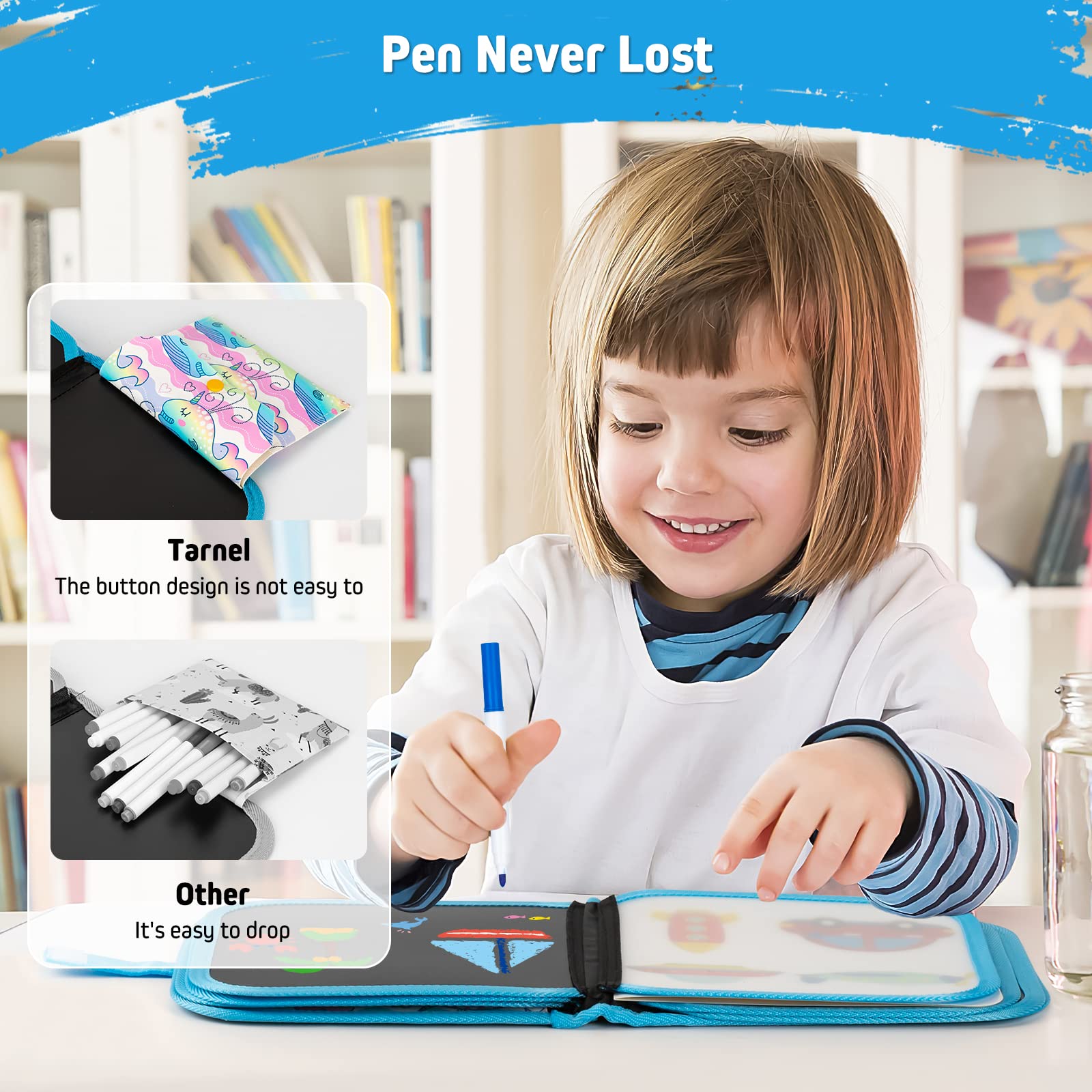 Tarnel Portatile da Disegno per Bambini, Doodle Disegno Giocattoli per Bambini, Riutilizzabile Libro di Pittura per Bambini, 12 Penne Colorate Cancellabili,14 Pagine (balena