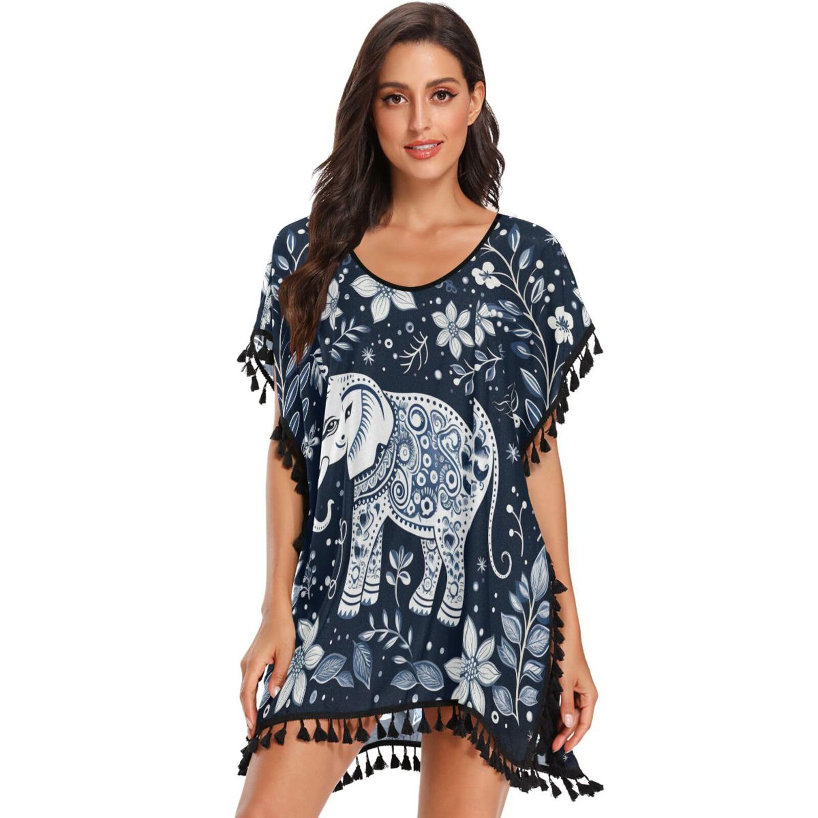 White Elephant Snow Art Women's Beach Cover Up Chiffon Tassel Swimwear Swimsuit Coverups for Girl