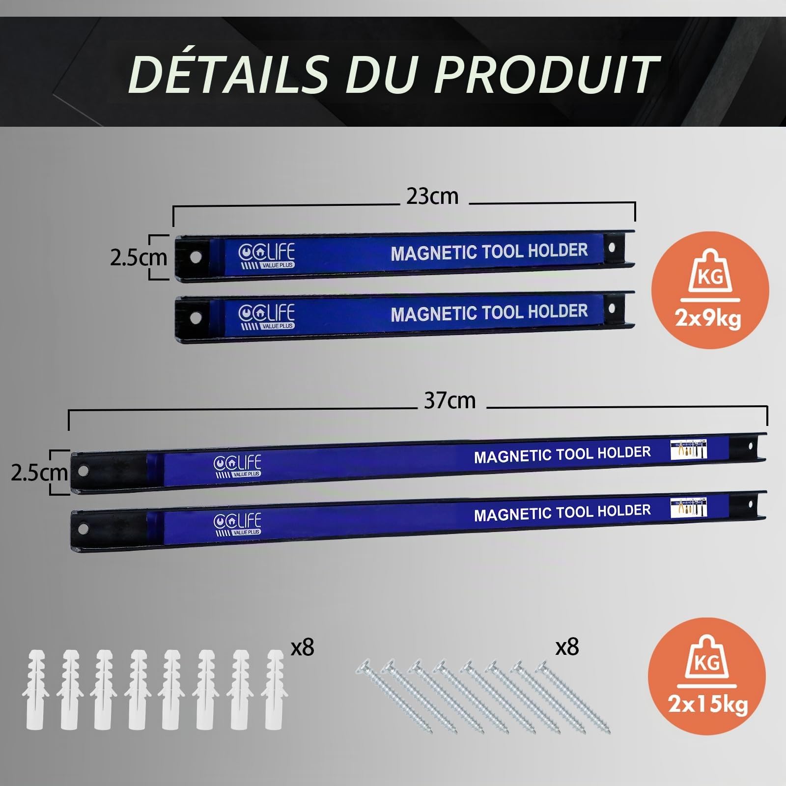 CCLIFE 4 pièces Barre Magnétique Porte 23 et 37CM 9 et 15KG Barres Magnétiques Pour Outils Rangement Ooutillage Maison Garage