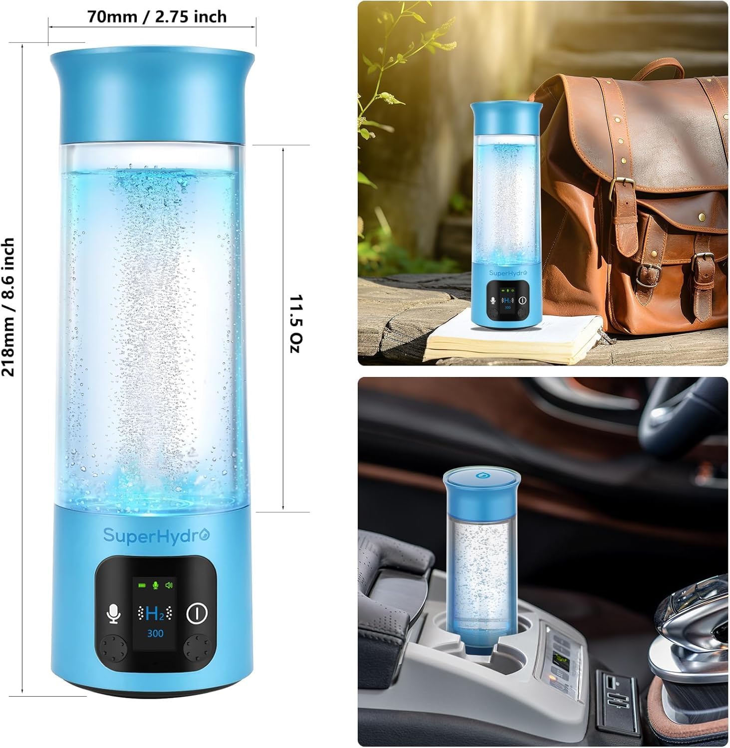 Superhydro Portable Hydrogen Water Bottle-12 oz Hydrogen Water Generator with SPE/PEM Technology, Up to 6000 PPB, Voice Hydration Suitable for Daily Hydration Blue