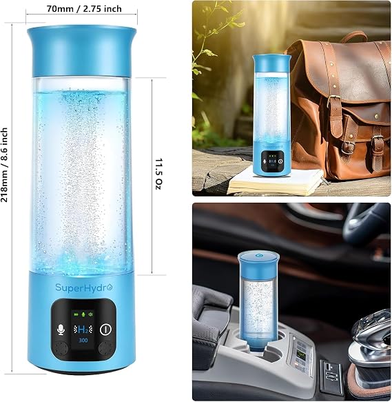 Superhydro Portable Hydrogen Water Bottle-12 oz Hydrogen Water Generator with SPE/PEM Technology, Up to 6000 PPB, Voice Hydration Suitable for Daily Hydration Blue