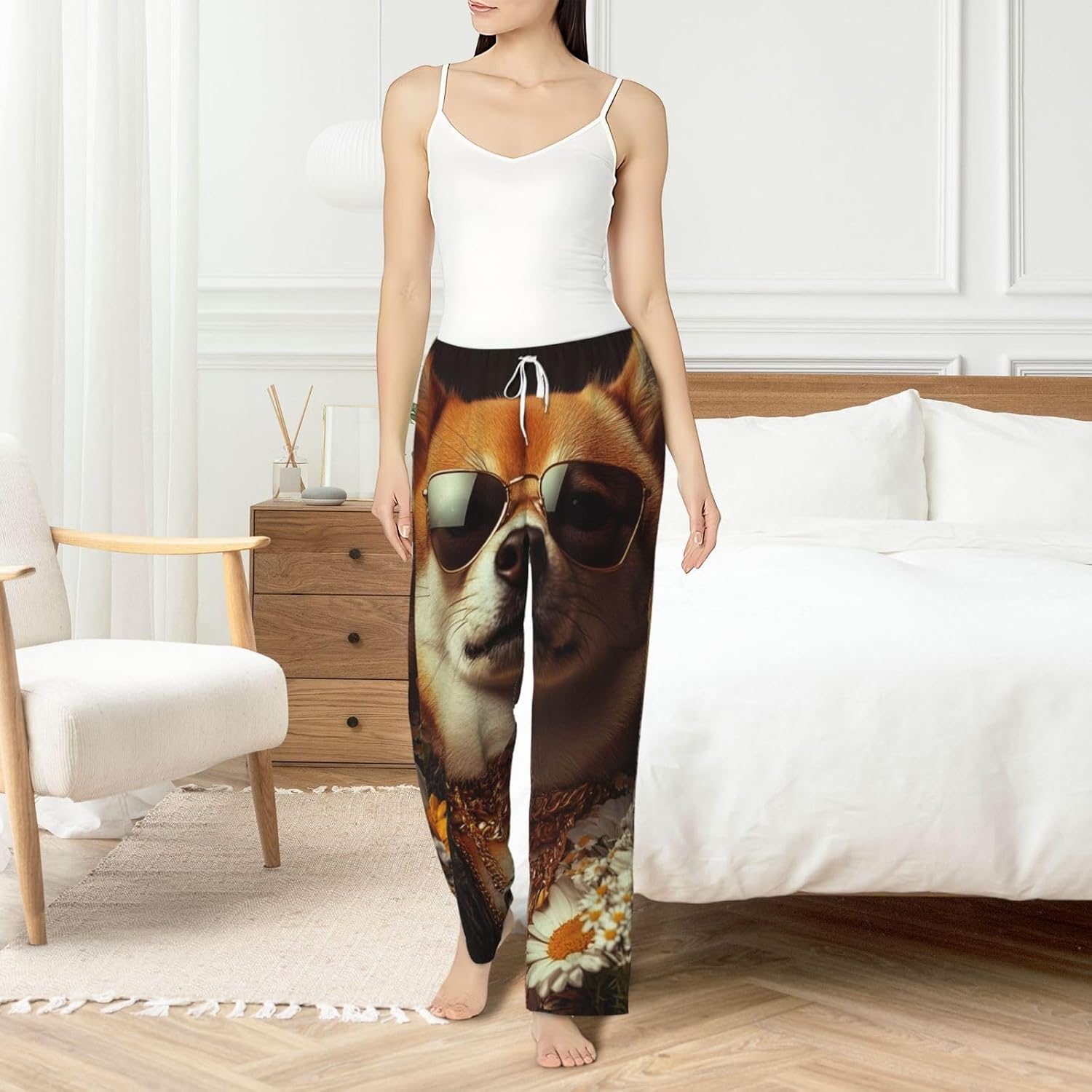 Women'S Hipster-Shiba-Inu-Daisy Fleece Pajama Pants, Cozy Flannel Lounge Bottoms For Women