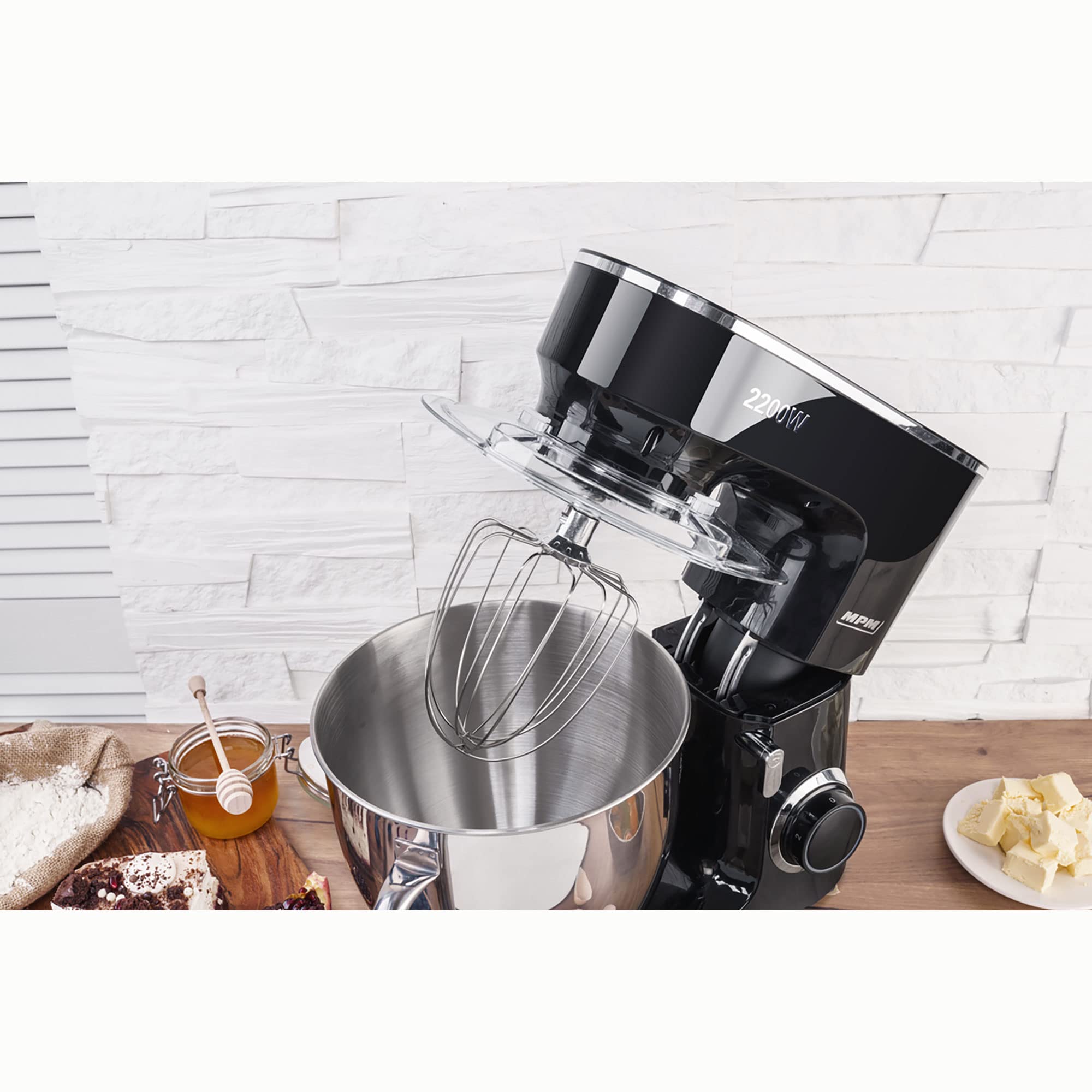 MPM Batidora Amasadora Repostería Profesional Robot Cocina Orbital 2200W Máx. 6,5L Bol Acero Inox, 6 Velocidades + Función Pulso, Sistema Planetario, 3 Accesorios+ Báscula, MRK-19B