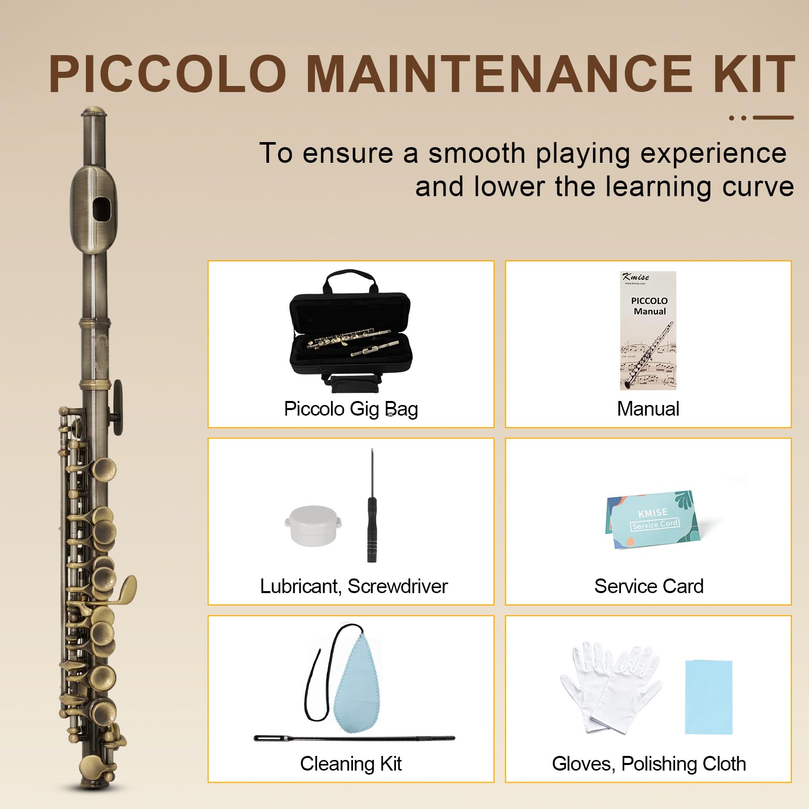 Kmise Foro Chiuso C Piccolo, Corpo Professionale Nichel Argento con Finitura Bronzo, Include Gig Bag, Manuale e Kit di Pulizia per Principianti e Bande scolastiche (Bronzo)
