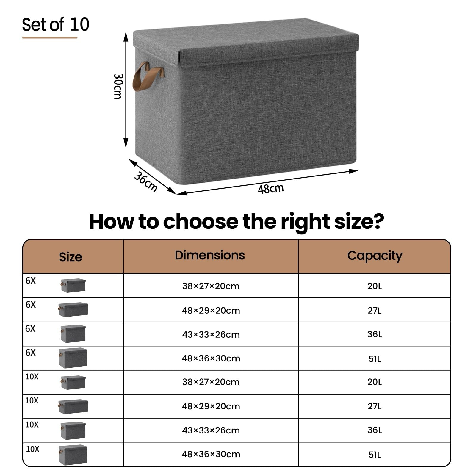 WOLTU Faltbare Aufbewahrungsboxen 10 Stück, mit Deckel, Grau, 48x36x30cm | aus Polyesterstoff, für Schlafzimmer, Arbeitszimmer, Wohnzimmer, Organizer Box mit Griffen, faltbar,