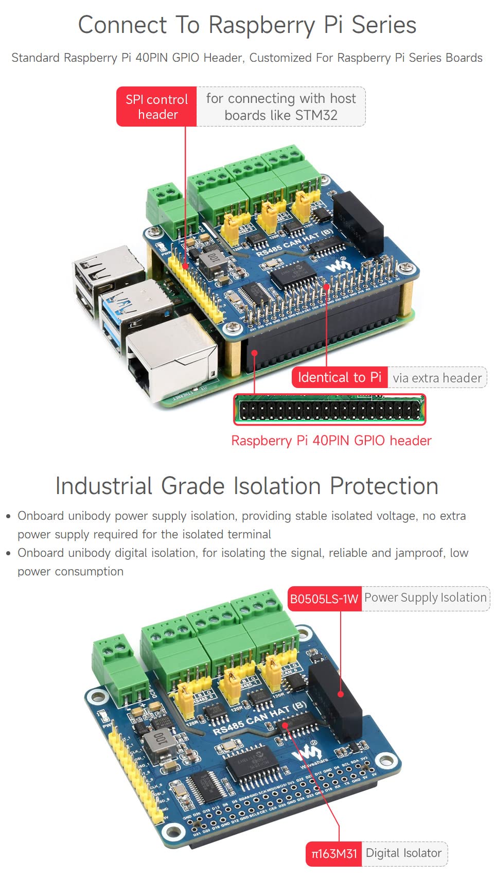 Waveshare Isolated RS485 Can Hat B Type For Raspberry Pi 2-Ch RS485 and 1-Ch Can Multi Protections