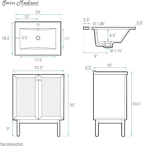 Vista 281 de Swiss Madison Classe - Lavabo de baño de roble de 24 pulgadas incluido