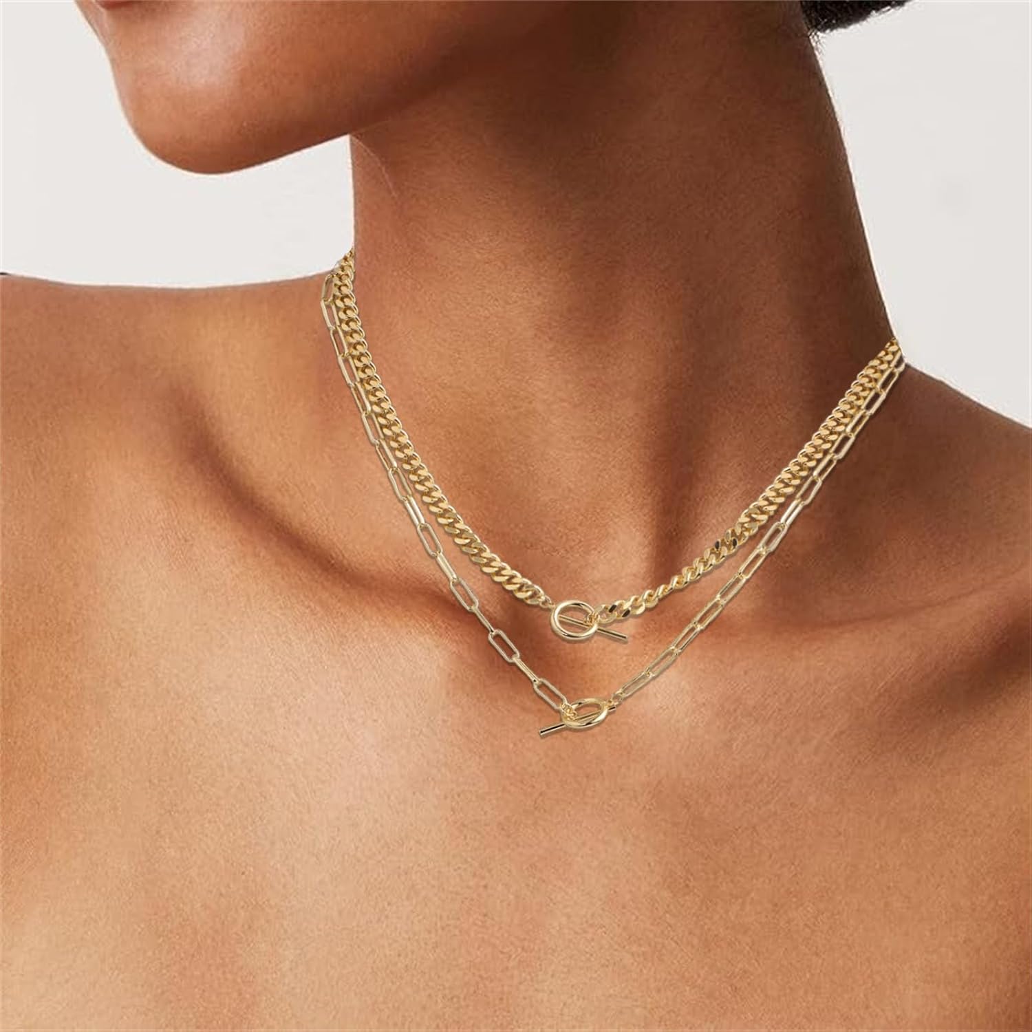 Layered Necklaces for Women Trendy 14K Gold Plated Toggle Necklace Cuban Link Chain Paperclip Chain Stack Necklace Jewelry - Image 4