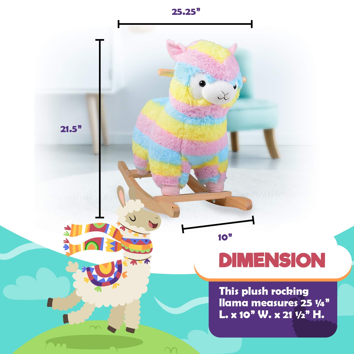Rainbow Llama Rocker for Toddlers – Soft Plush Ride-On with Wooden Frame | Balance, Coordination, Imaginative Play & Toddler Gift, Ages 18+ Months