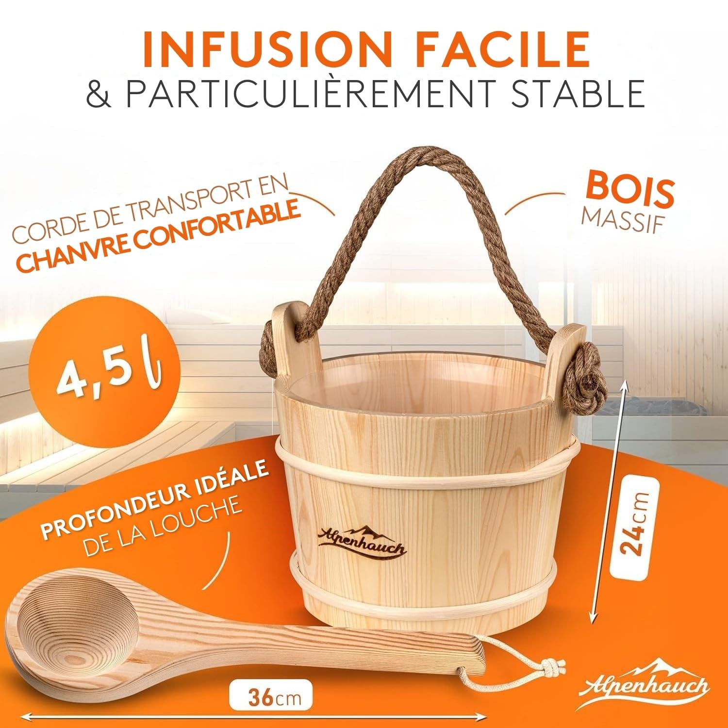 ALPENHAUCH Seau de sauna avec cuillère à pelle [100 % bois naturel] – Seau de sauna élégant avec sablier et thermomètre – Accessoires de sauna durables – Set de seaux à verser (seau de sauna avec
