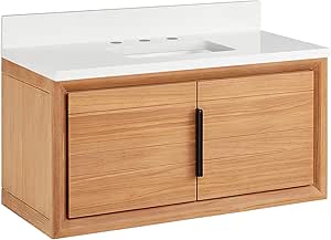 Signature Hardware 955225-36-rumb Aliso 36" Wall Mount Teak Single Basin Vanity Set with Cabinet, Vanity Top, and Rectangular Undermount Sink - 8" Faucet Holes - Natural Teak/Arctic White