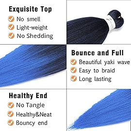 Pre-Stretched Braiding Hair, 20 inch Braiding Hair 8 Packs Ombre Black to Blue Professional Soft Yaki Texture, No Itch, Hot Water Setting Hair Extensions for Braids (20in,1B/Blue)