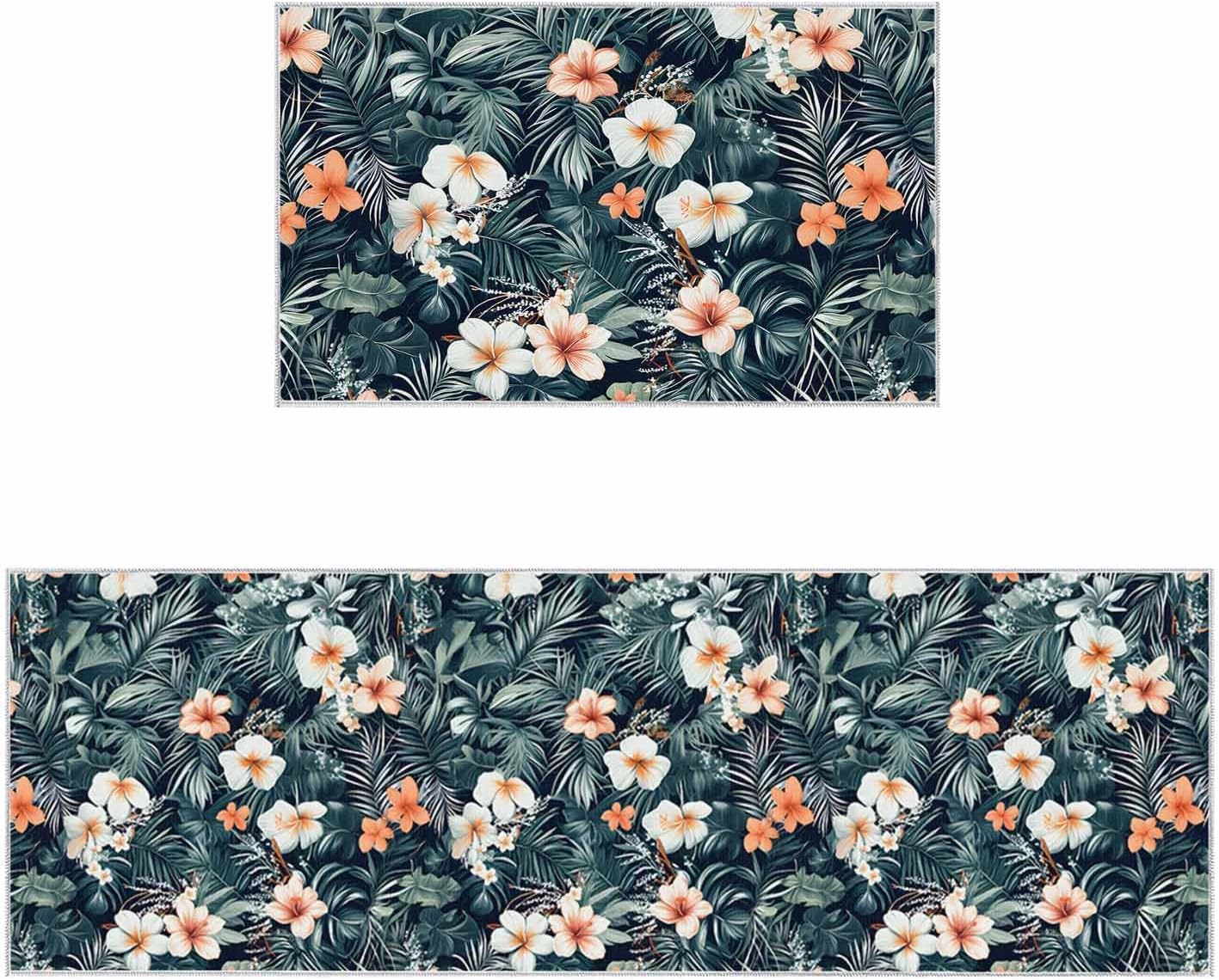 2 Pieces Kitchen Rugs and Mats,Summer Watercolor Lily Flower Area Runner Rug Set Non Slip Floor Doormat Washable Carpet Standing Mat for Kitchen Sink Indoor Corridor,Tropical Pastoral Floral Plant