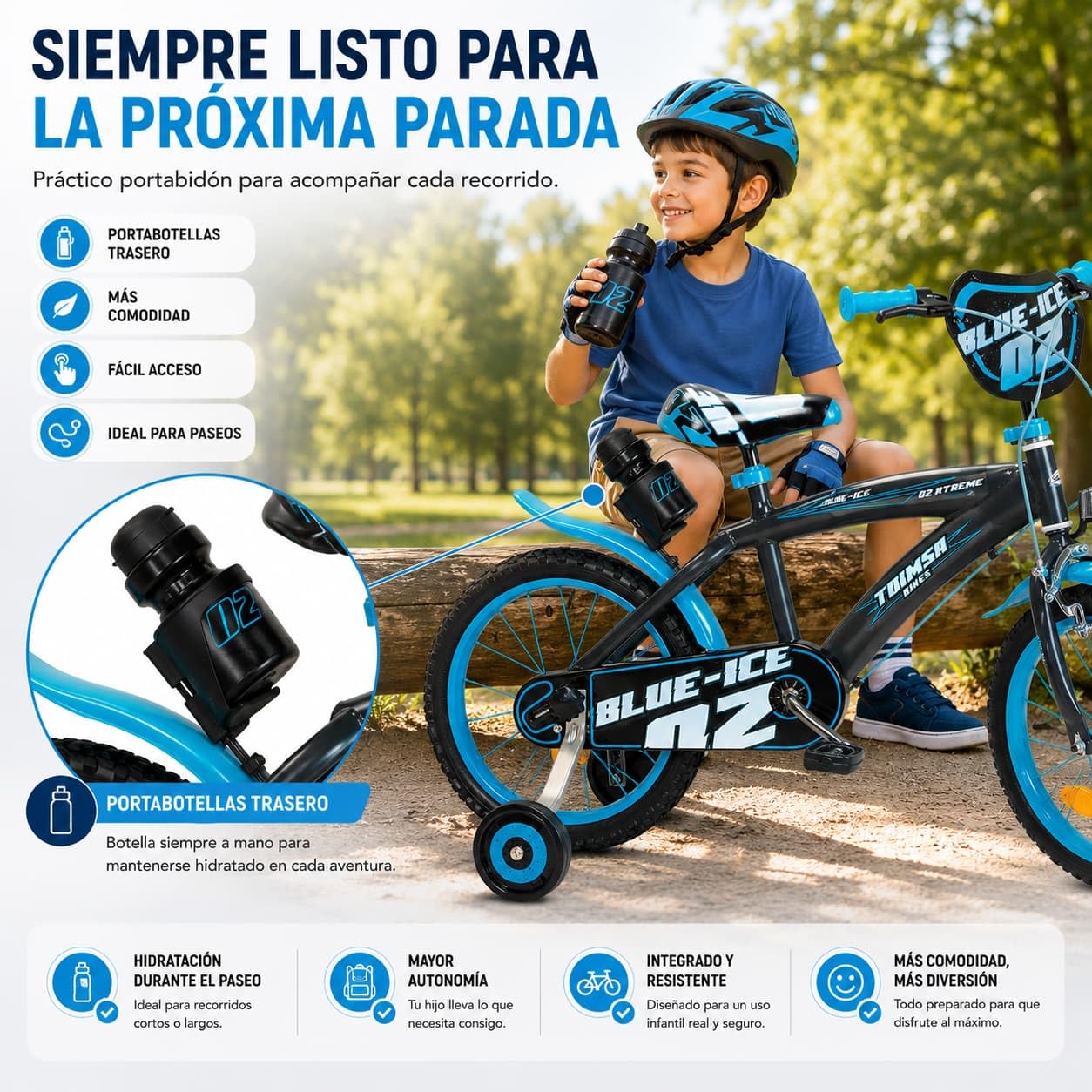 Kinderfahrrad Blue Ice 16 Zoll mit Stützrädern Trinkflasche 5-7 Jahre