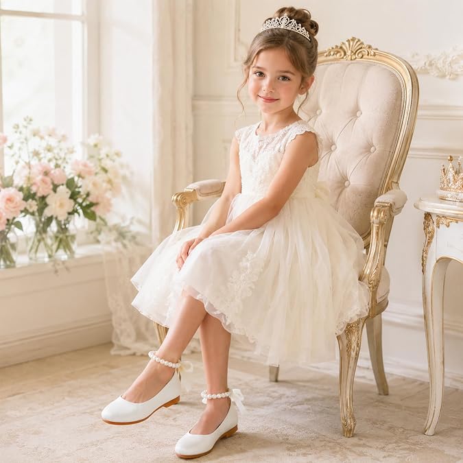 Toddler Girls Princess Mary Jane Flats, Pearl Ankle Strap Dress Shoes | Elegant Pearl Ankle Strap, Satin Bow Accent, Comfy Low Heel, And Easy Slip-On Fit For Weddings, Parties