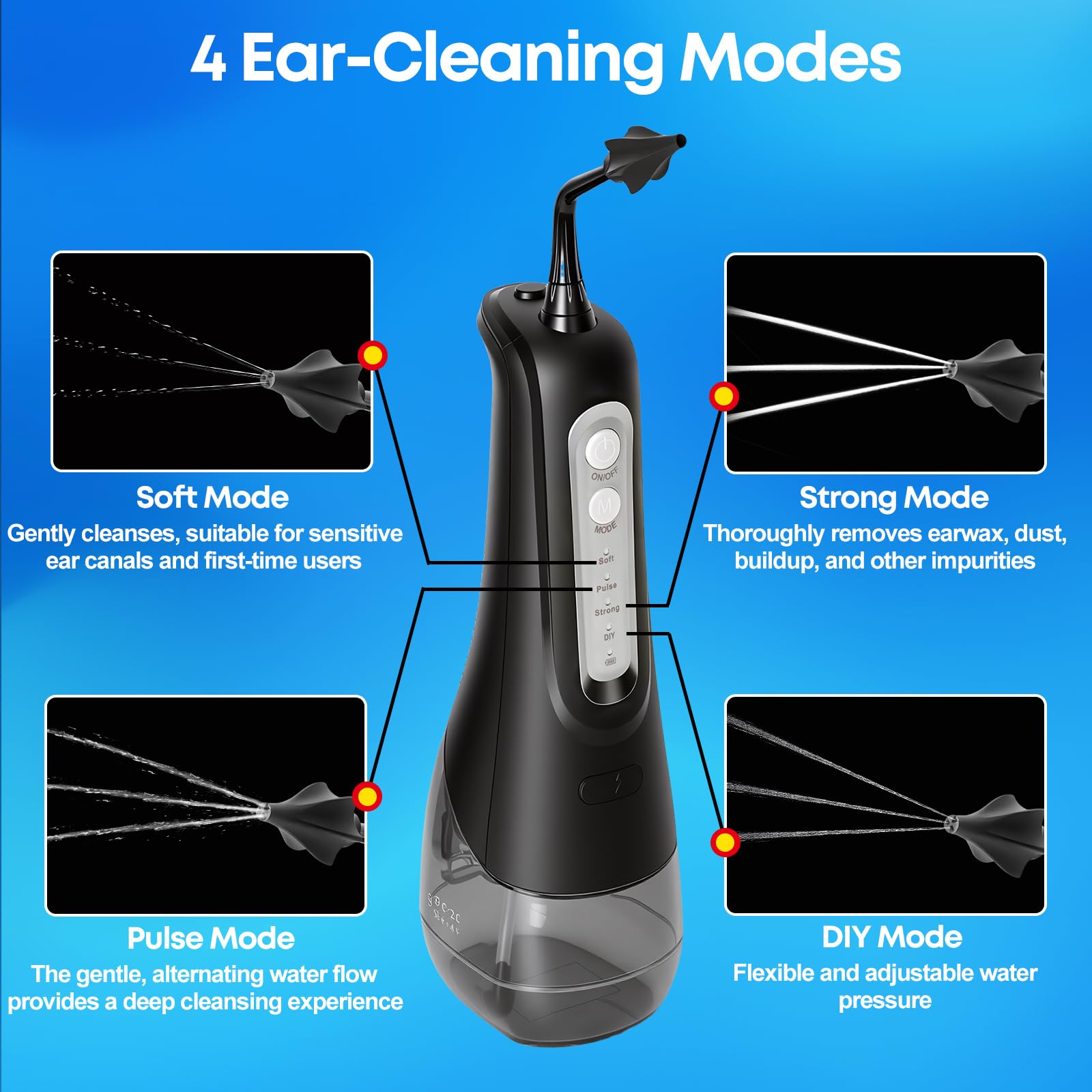 Pulitore elettrico dell'orecchio con 4 modalità di pressione, impermeabile IPX7, doccetta con 4 ugelli, risciacquo dell'orecchio per uso domestico, detergente per orecchie per bambini adulti, nero