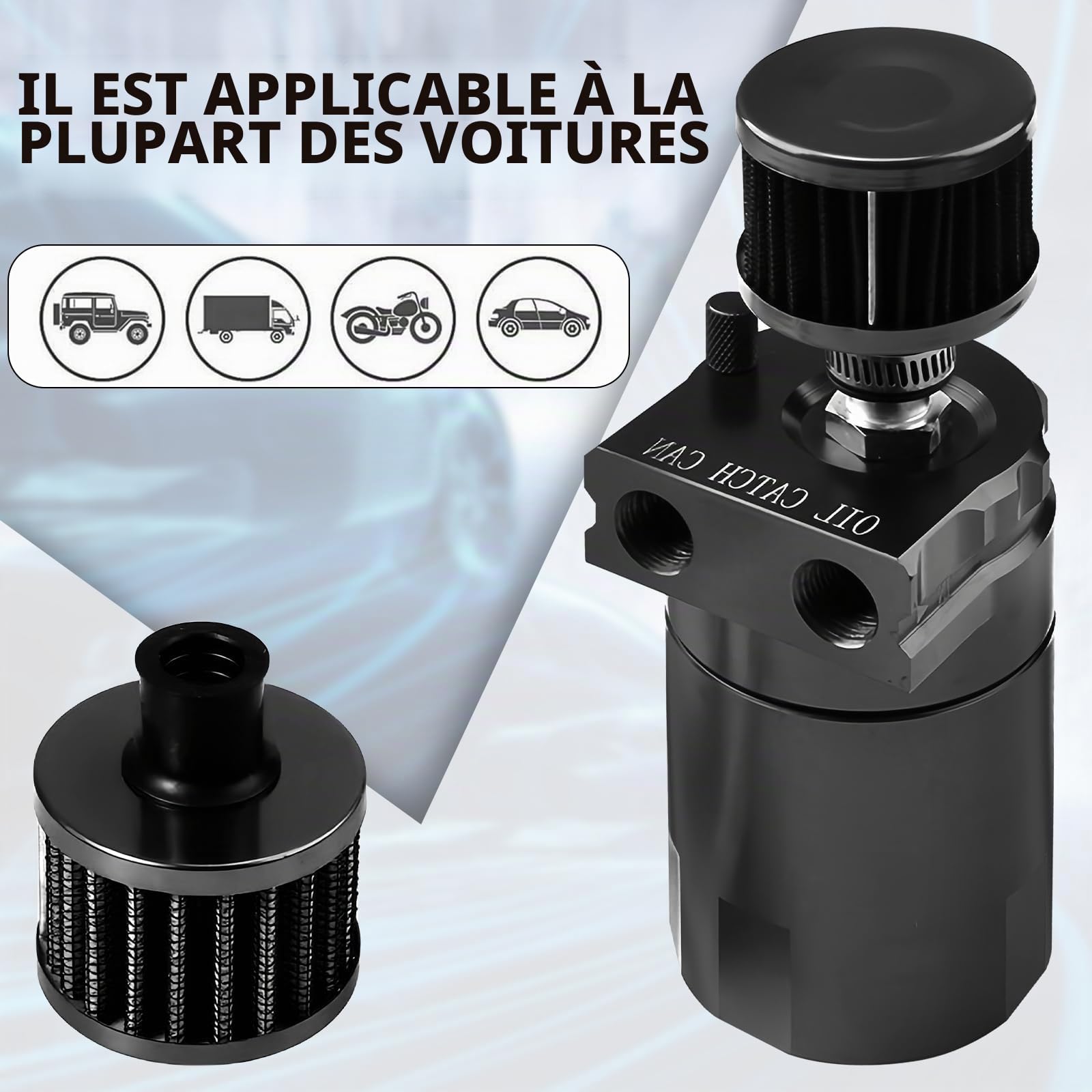Réservoir de récupération d'huile avec filtre à air, 300 ml, collecteur d'huile en aluminium, réservoir d'huile, réservoir de voiture avec accessoires, ligne de carburant 3/8" (noir)