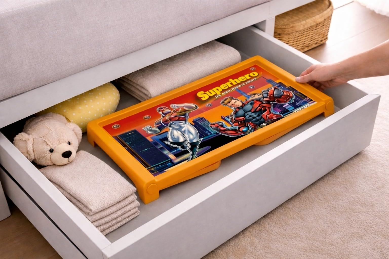 KITCHIVO™ Kids Foldable Study Table for Children | Portable Lightweight Plastic Study Desk | Cartoon Printed Table for Study, Drawing & Activity | Compact & Easy to Store (Yellow Superhero) 2