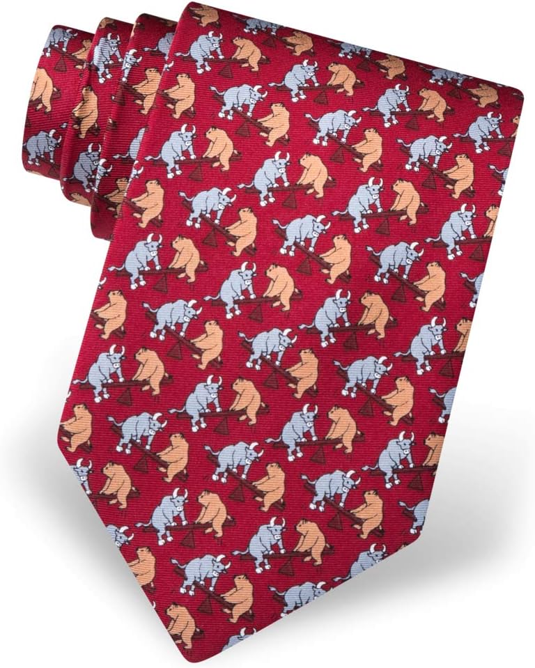 Men's 100% Silk Stock Market Bull and Bear Playground Novelty Tie Necktie