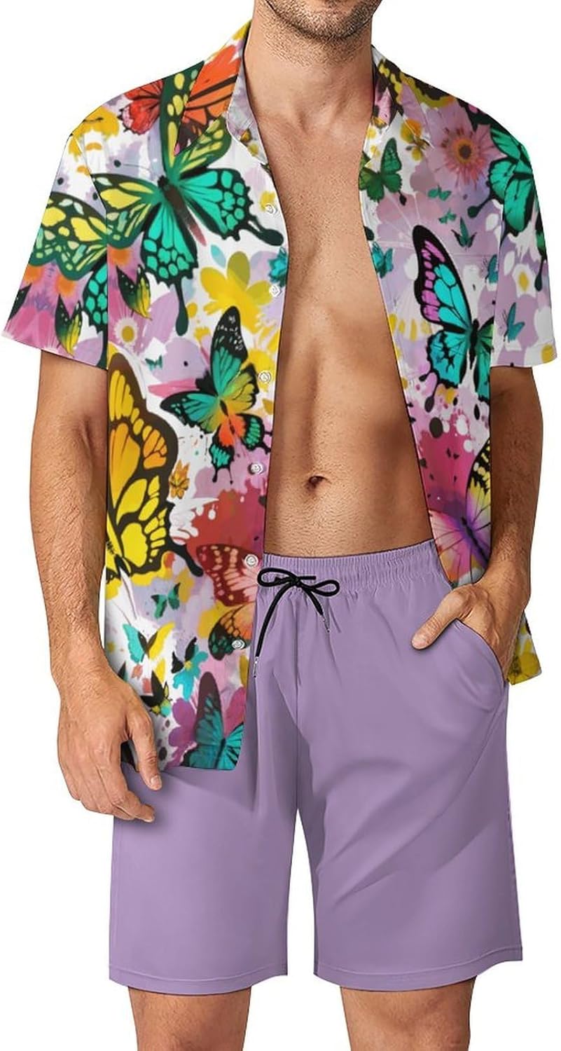 Zakqeik Men's Colorful Tigers Beach Outfits 2-piece Summer Short Sleeve Shirt And Shorts Comfortable Sport Suit