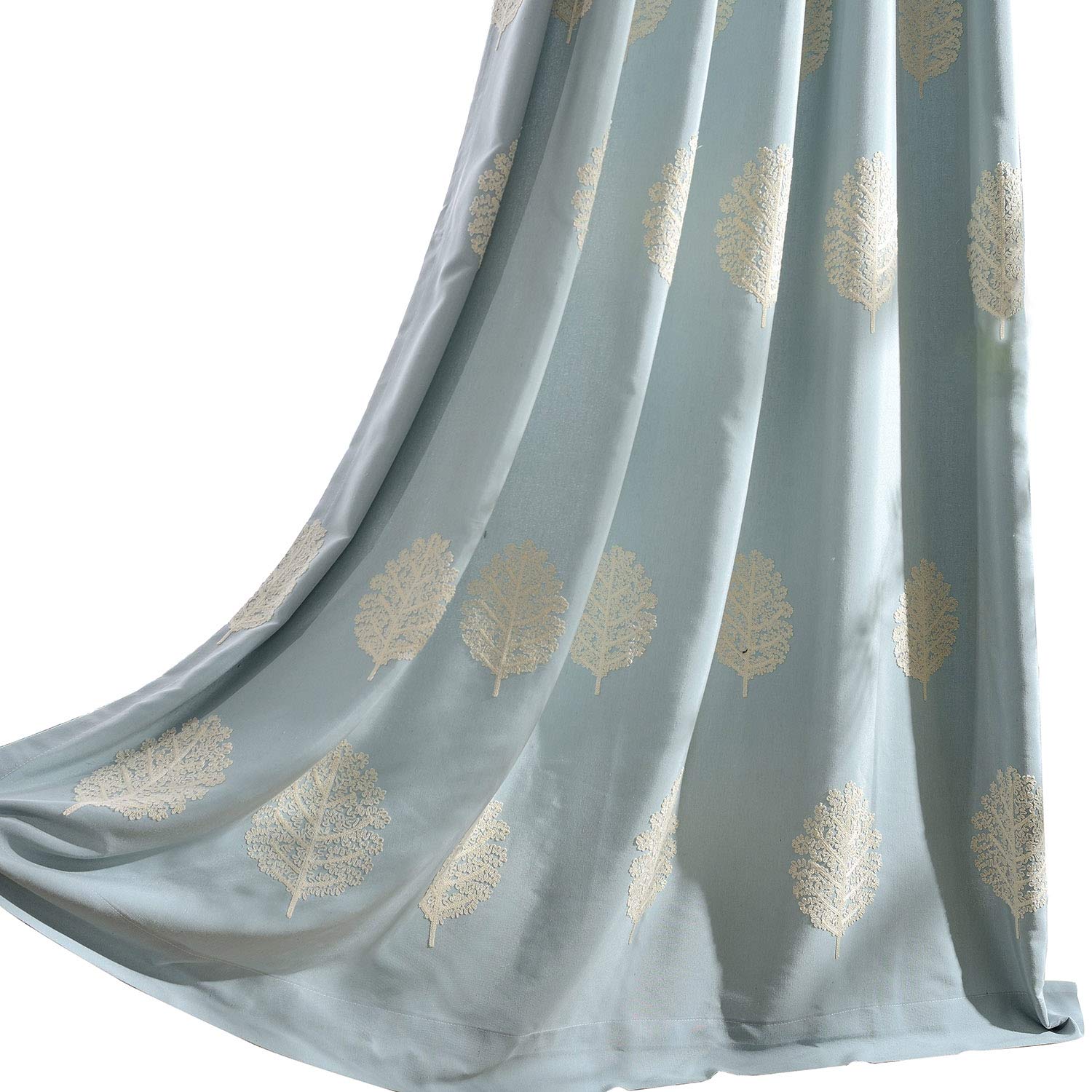 VOGOL European Simple White Leaves Embroidered Curtains Blue