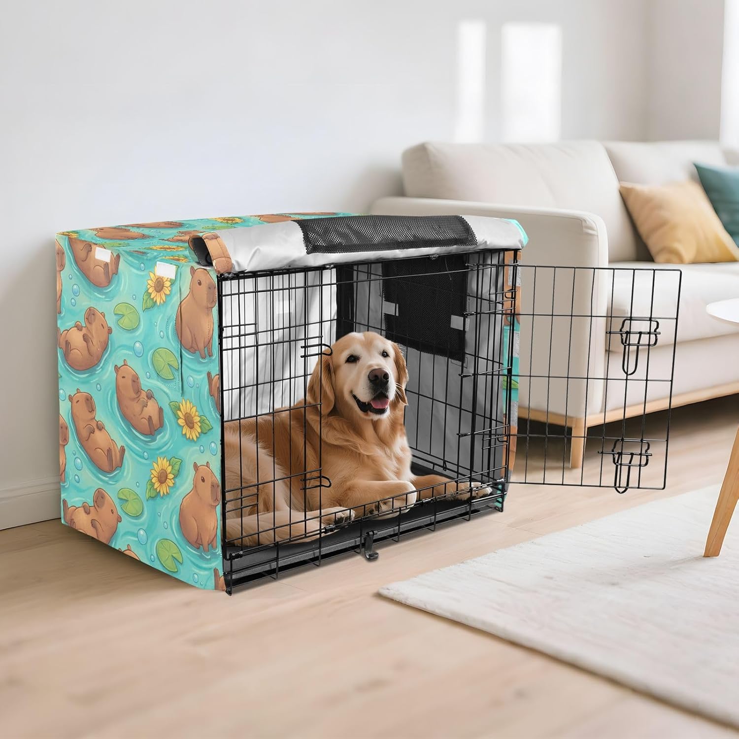 Duty 600D Silver Coated Dog Crate Cover, Water-Resistant Capybaras Print Pet Kennel Canopy with Mesh Windows for Optimal Ventilation, Universal Fit for Standard Wire Cage, Indoor & Travel