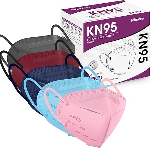 Miuphro Mascarilla KN95 de varios colores, 50 unidades, 5 capas de seguridad KN95, máscaras respiradoras desechables para exteriores (rosa, azul,