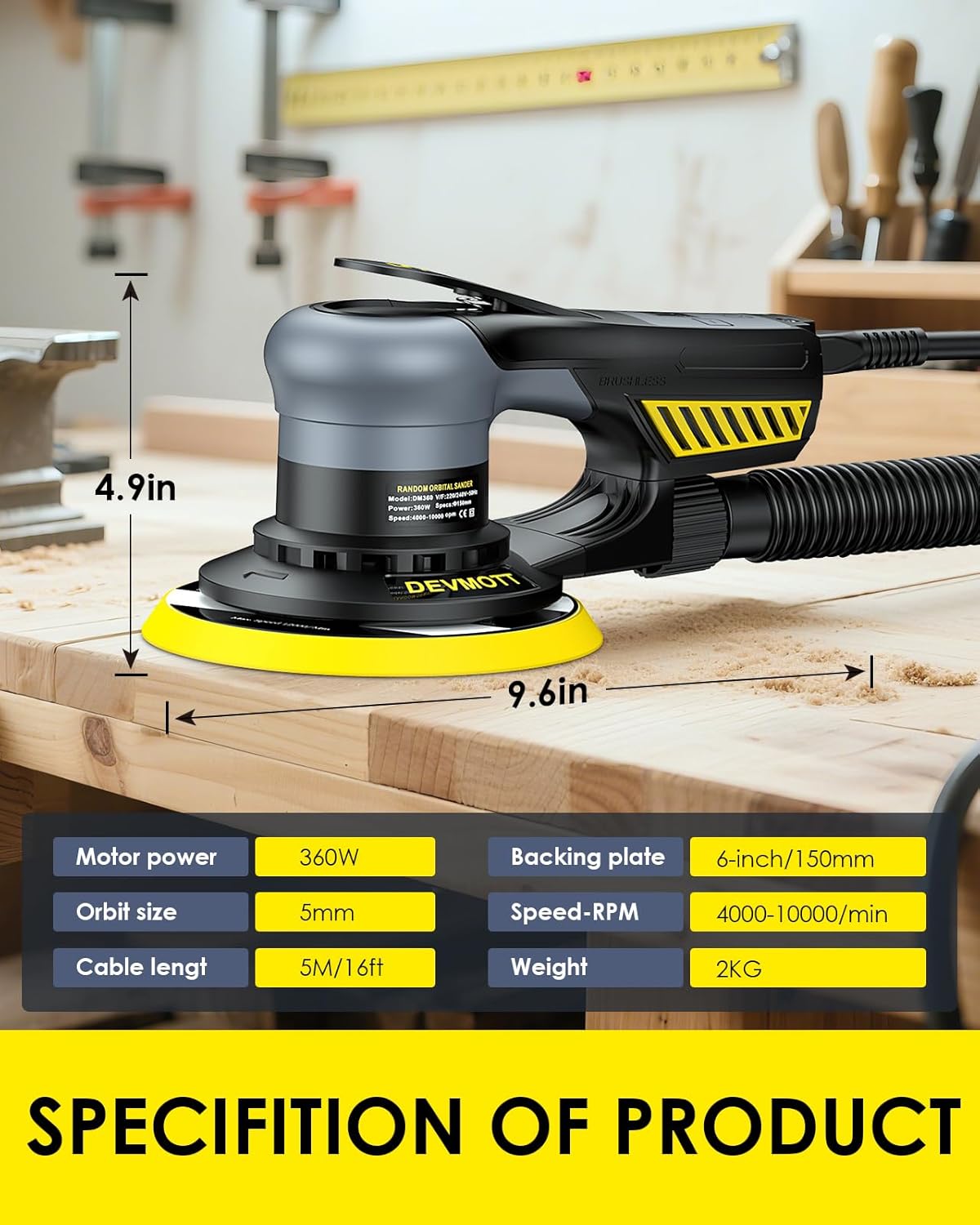 Random Orbital Sanders 5.0mm, 360W Brushless Motor Electric Orbital Sander with 150mm/6IN Backing Plate, 6 Variable Speed to 10000RPM, Hand Sander for Wood Sanding