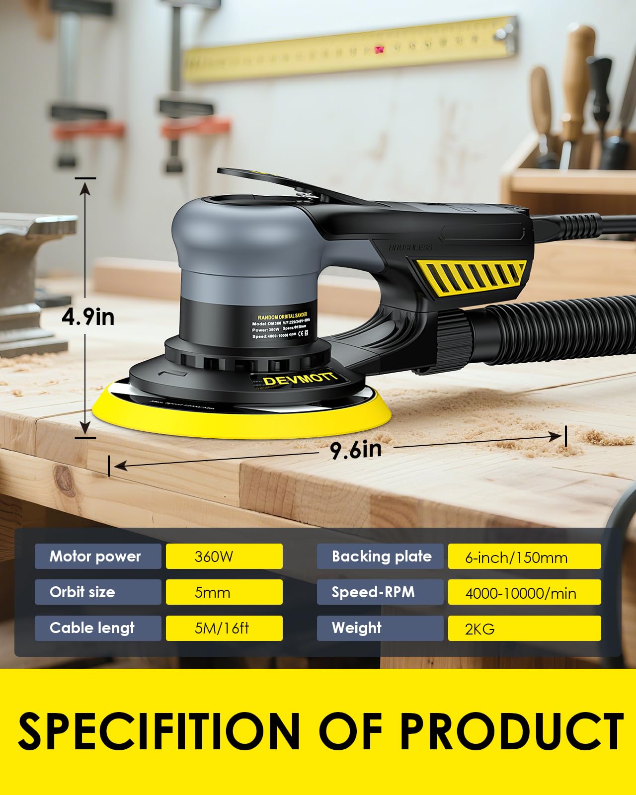 360W Bürstenloser Exzenterschleifer, 5.0 mmSchleifhub, Elektro-Exzenterschleifer mit 150 mm/6 Zoll Stützteller, 4000-10000 U/min, Vibrationsarm, Exenterschleifmaschine für Holzoberflächen