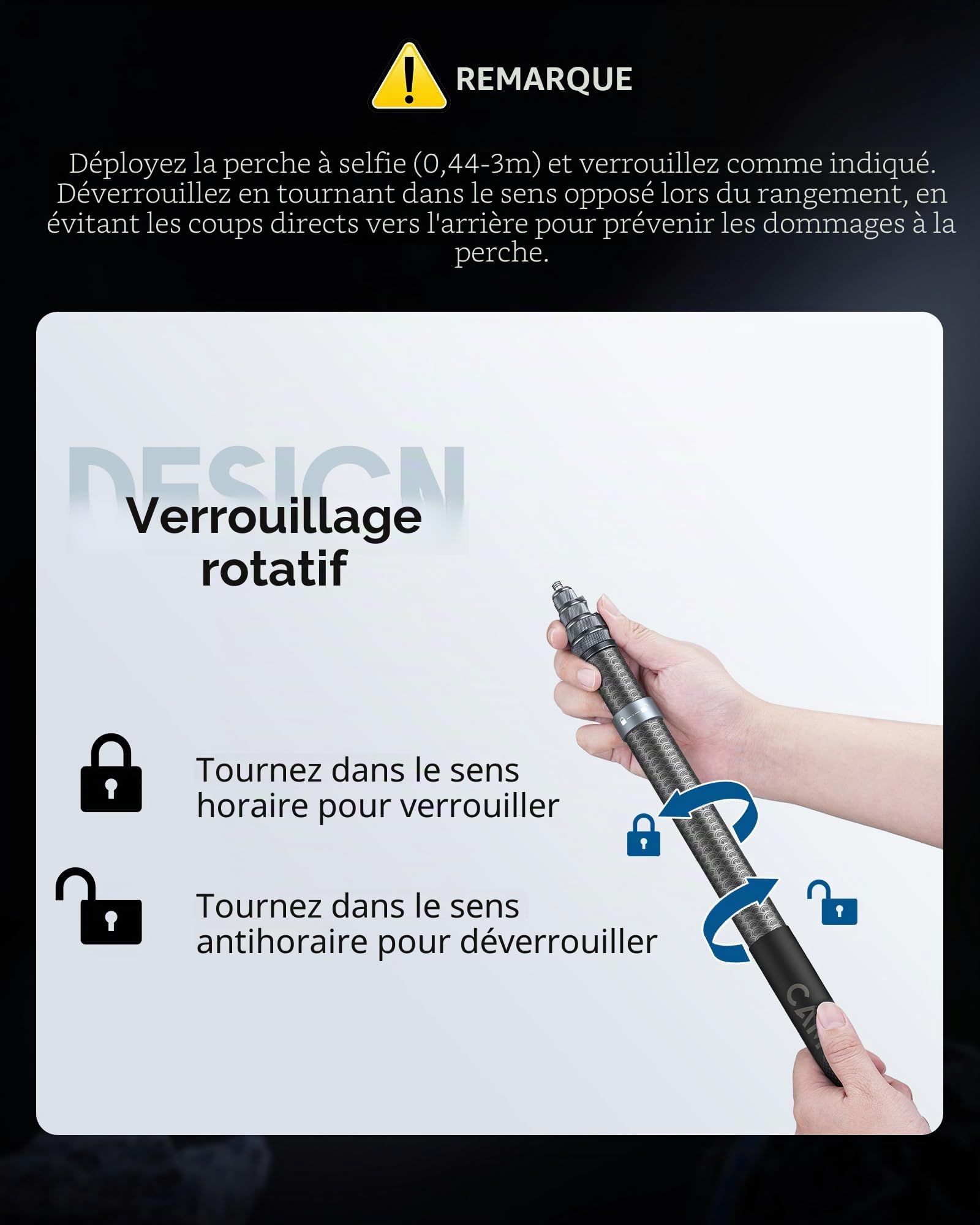 CAMOLOGEEK Perche à Selfie Invisible 3,0m/118 en Fibre de Carbone avec Poignée Antidérapante et Montage 1/4" pour GoPro Hero 13, 12, 11, 10, 9, 8, DJI Osmo 360 Action 5 Pro 4 3 Insta360 X5, X4, X3