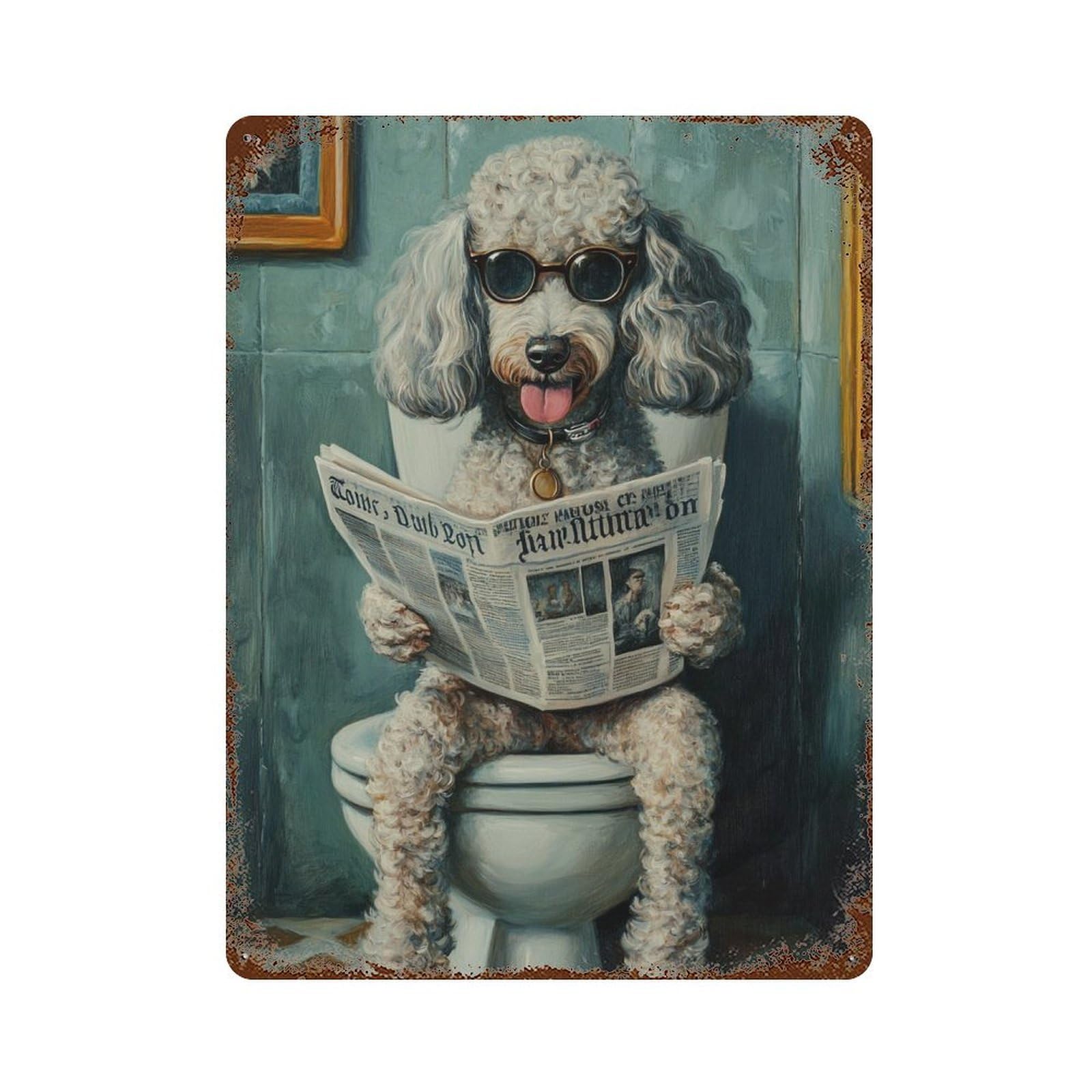 Garage Style Poodle Reading Newspaper on Toilet-8 Decorative Tin Sign 15.7"x11.8", Industrial Home Decor for Bar And Workshop