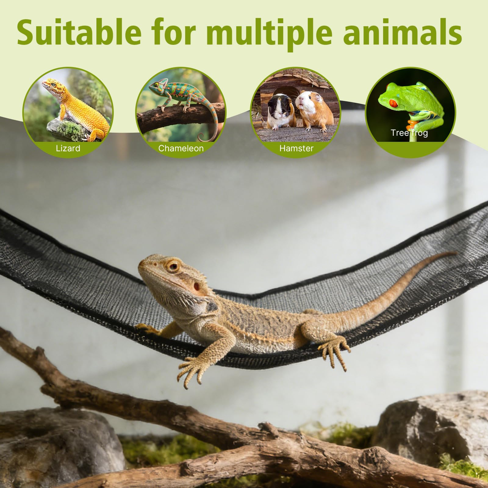Lot de 2 grands hamacs en forme de dragon barbu (1 rectangle + 1 triangle), accessoires pour aquarium de reptiles avec ventouses puissantes, lit de salon pour lézards, serpents, geckos et petits