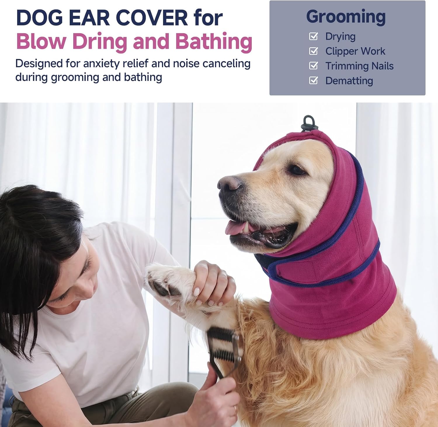 Nanaki Soft Calming Hoodie Quiet for Fireworks,4th of July, Dog Ear Wrap Hematoma Head Cover Anti Flapping, Snoods For Dogs For Eating & Drinking, Adjustable Dog Ear Protection For Bath Blow,Purple,XL