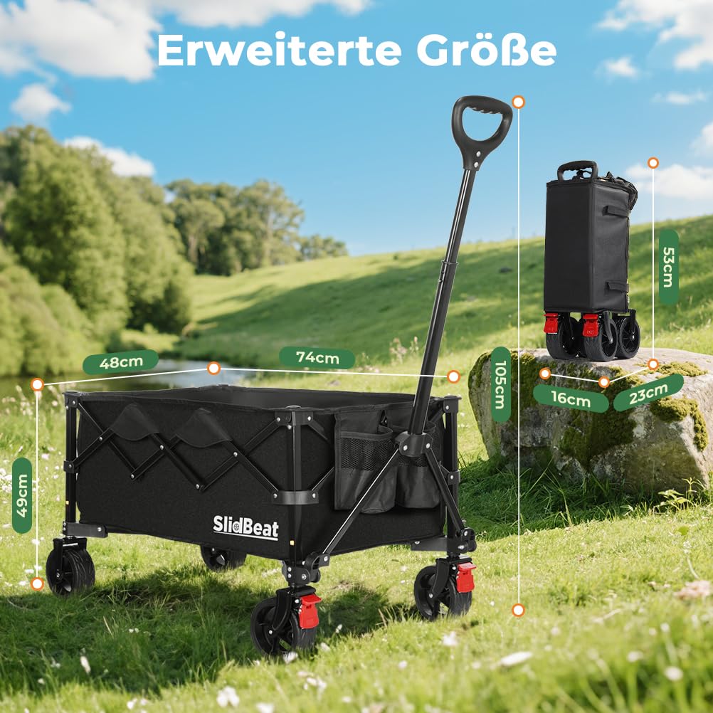 SLIDBEAT Bollerwagen Faltbar mit Bremsen, 150L 150KG Faltbarer Bollerwagen All Terrain Räder, Verstellbarem Griff, Getränkehalter Klappbar Handwagen Für Camping Shopping Garten Strand