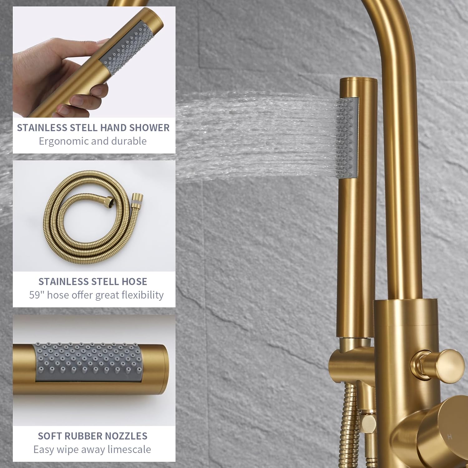 TapLong Brushed Gold Floor Mounted Tub Filler Shower Faucet Freestanding Bathtub Faucet with Hand shower High Flow Rate Free Standing Tub Faucet-51015BG