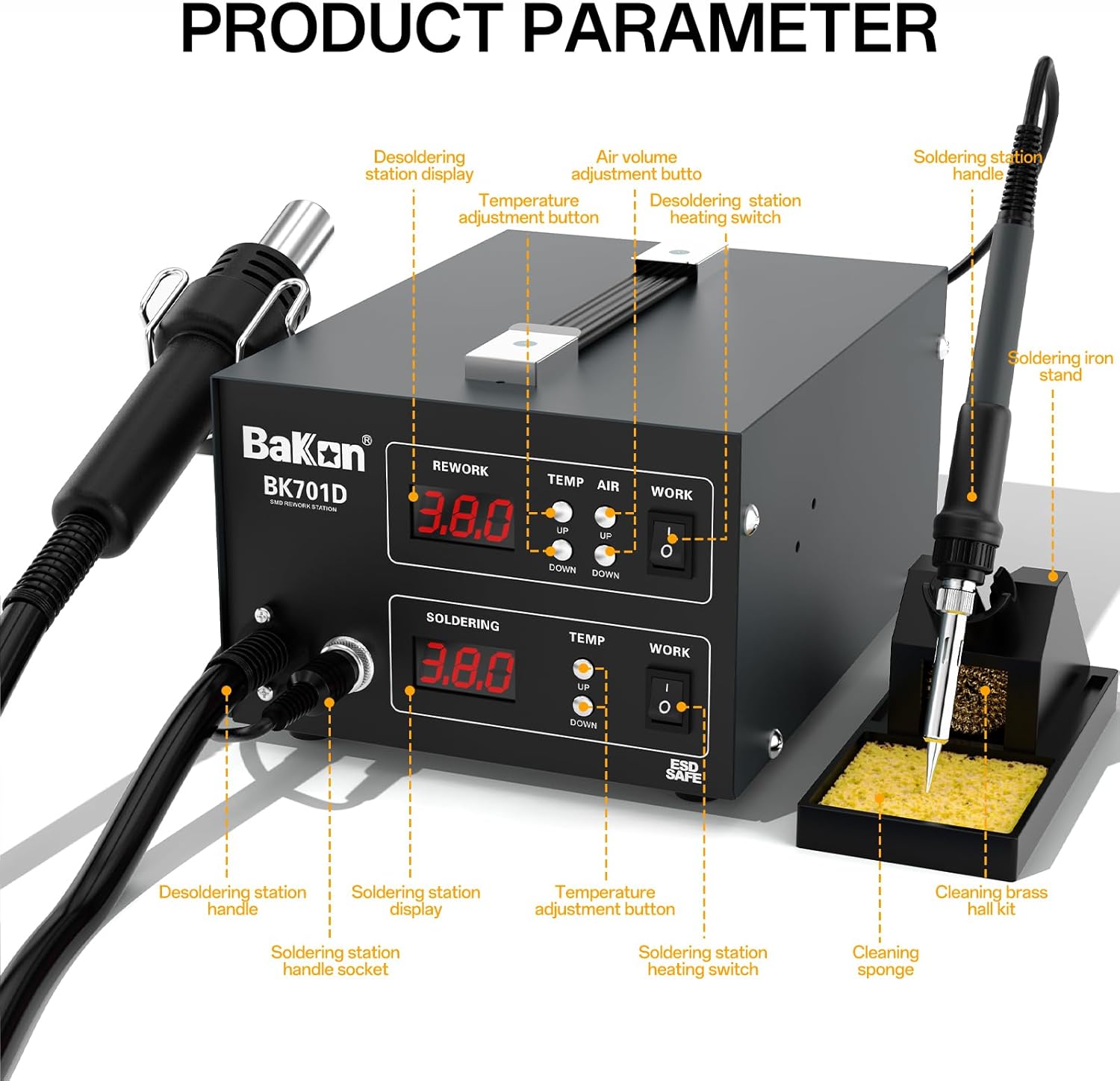 Diagram showing the various parts of the BAKON BK701D station and their labels, including desoldering station handle, temperature adjustment button, desoldering station heating switch, soldering iron handle, soldering iron stand, cleaning brass ball kit, cleaning sponge, desoldering station handle socket, desoldering station display, temperature adjustment button, and soldering station heating switch.