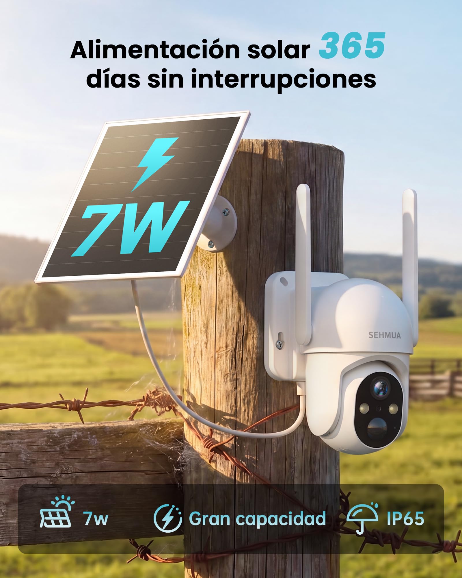 SEHMUA 4G LTE Camara Vigilancia Exterior Solar con Tarjeta SIM sin Internet | 24/7 AOV Camara Exterior Solar con Panel Solar 7W, Detección Humana IA 20M, Audio Bidireccional, Visión Nocturna Color, eSIM