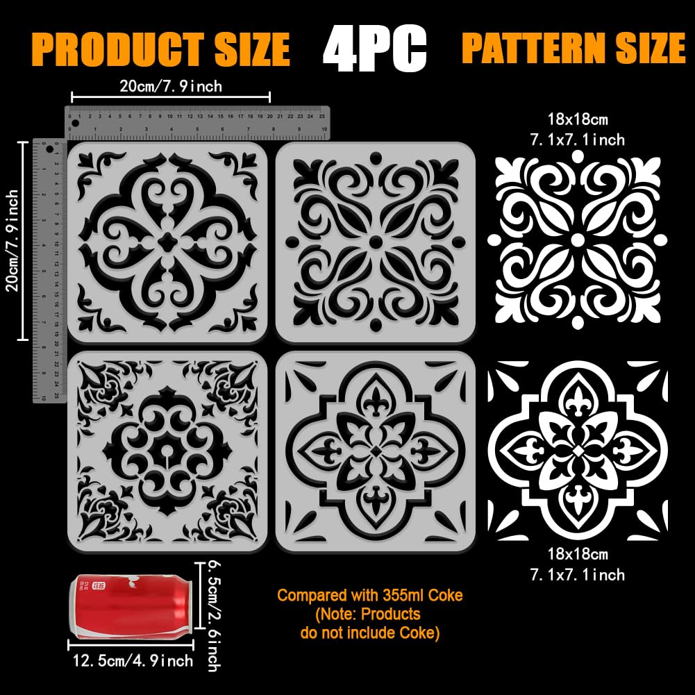 FINGERINSPIRE 4PCS Tile Pattern Painting Stencils 20x20cm Damask Border Stencils Reusable Floral Damask Decorative Stencil for Painting on Wall Wood Floor Tile Canvas Fabric Furniture DIY Home Decor - Image 2