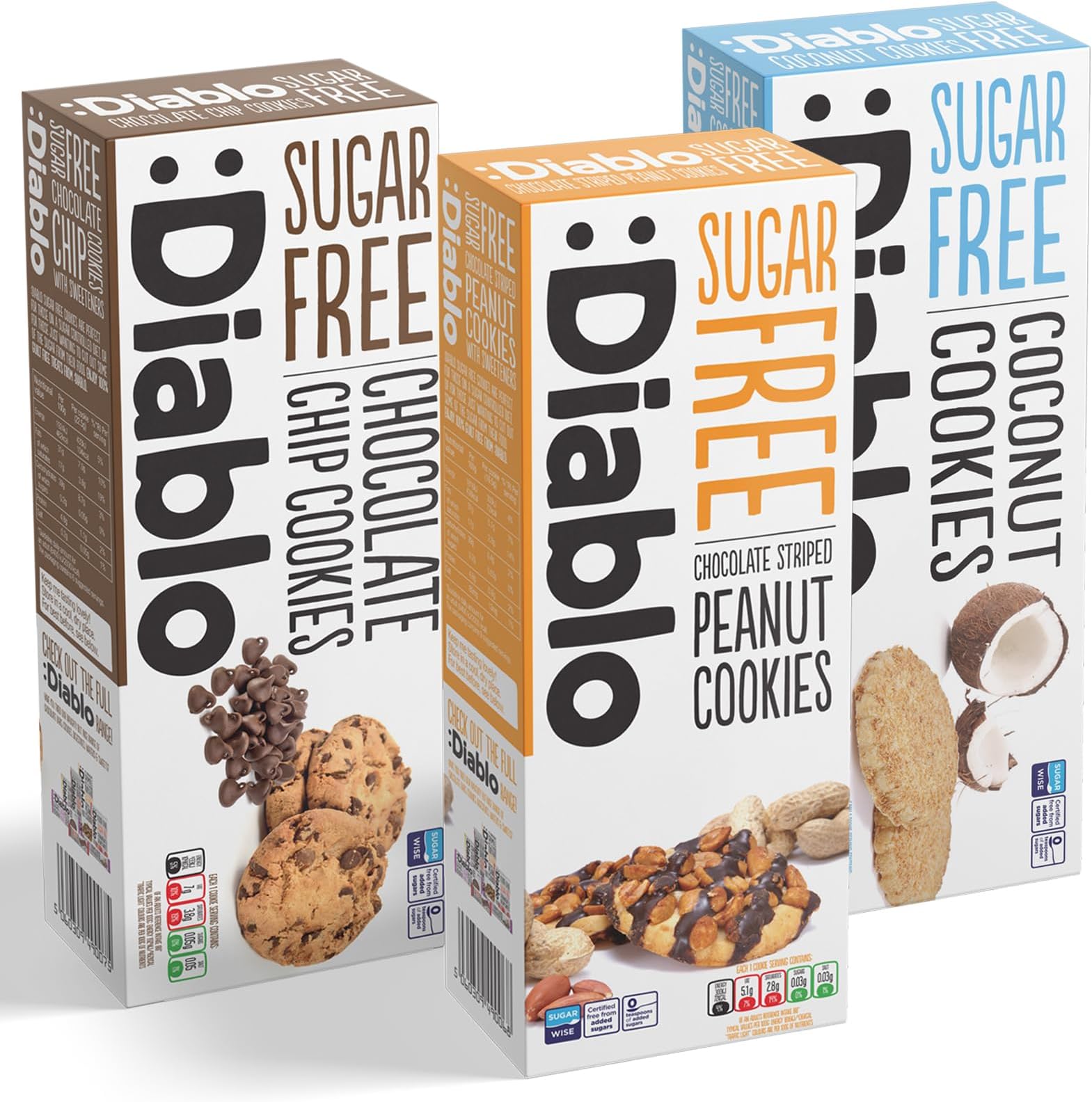 Diablo Sugar-Free Cookies – Mixed Flavours No Sugar Cookies Luxury Biscuits, Healthy Crunchy Snacks Gift Box for Adults, Kids and Families – Coconut, Peanuts, Chocolate Chip, Pack of 3