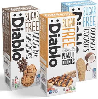 Diablo Sugar-Free Cookies   Mixed Flavours No Sugar Cookies Luxury Biscuits, Healthy Crunchy Snacks Gift Box for Adults, Kids and Families   Coconut, Peanuts, Chocolate Chip, Pack of 3