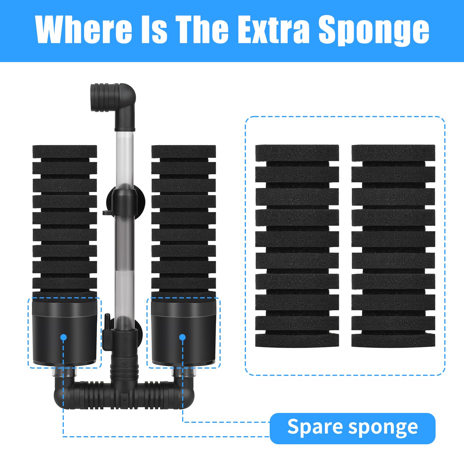 AQUANEAT Filtro de esponja, filtro de esponja para acuario con bolas de cerámica, para tanque de camarones Betta Fry con 2 esponjas de repuesto, hasta 40 galones