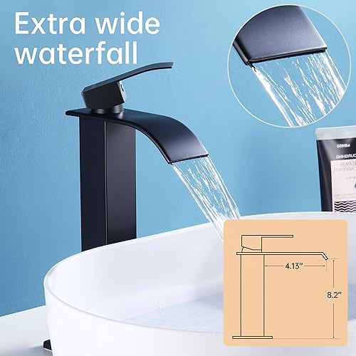 Miniatura 3 de Fransiton Grifo de lavabo alto de recipiente negro mate para lavabo de baño, grifo de baño alto de cascada de una sola manija, grifo de lavabo de 1