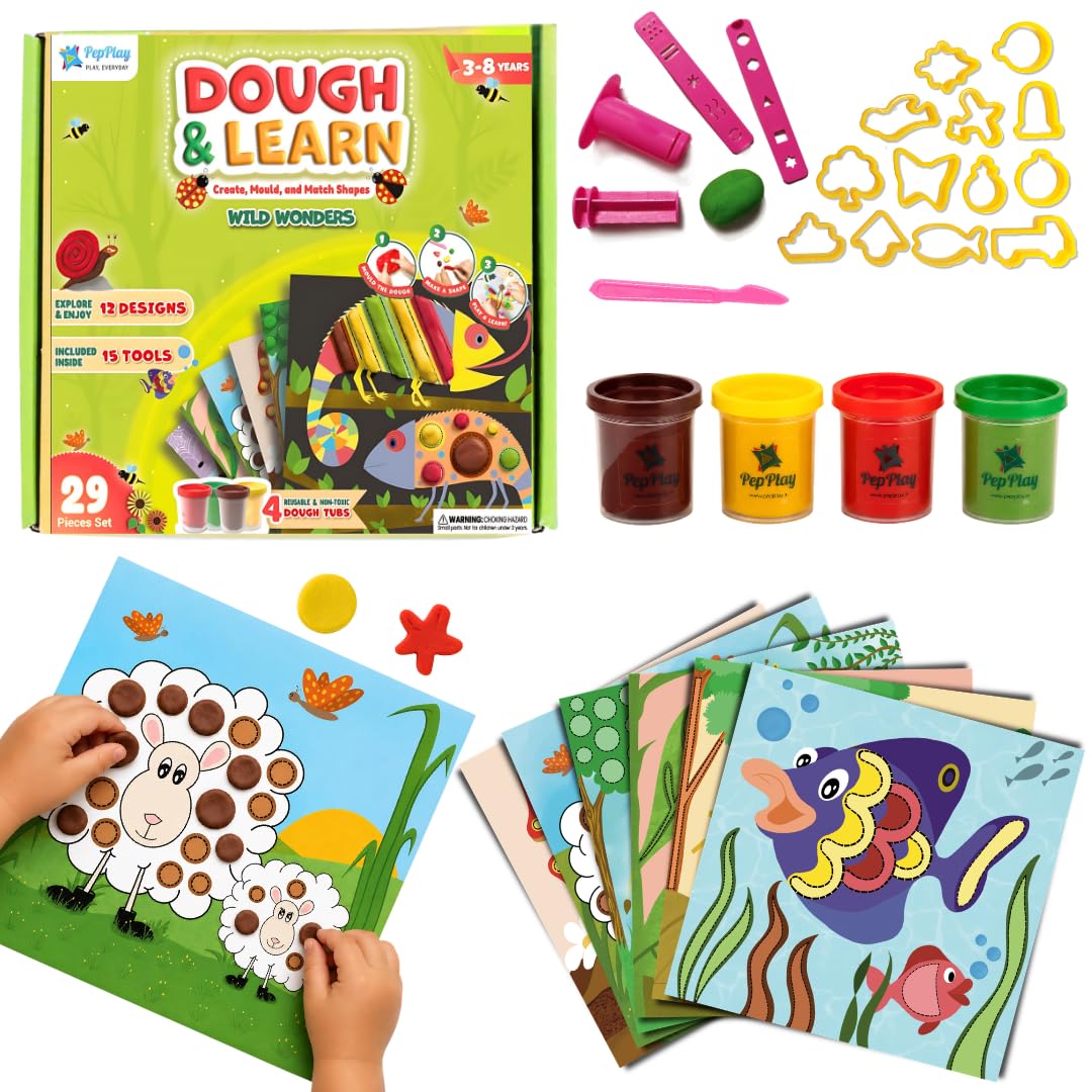 PepPlay Dough & Learn — Organic Play Dough Kit for Kids 3-8 Years | Animals, Shapes, Colors | 12 Scenes, 18 Tools, 4 Taste-Safe Clay Tubs | Preschool Fine Motor Skills | Birthday,Return Gift | Summer