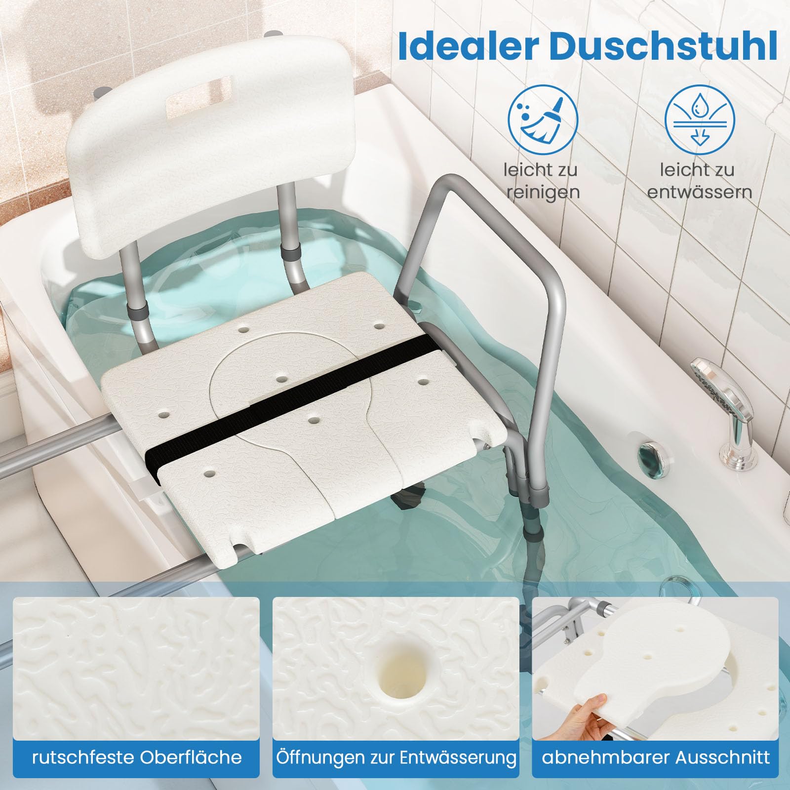 RELAX4LIFE Badewannensitz Höhenverstellbar & Verschiebbar, Breiter Sitz, Wannensitz mit Rückenlehne, Armlehne & Sicherheitsgurt, Duschstuhl für Senioren und Behinderte, Duschsitz bis 159 kg belastbar